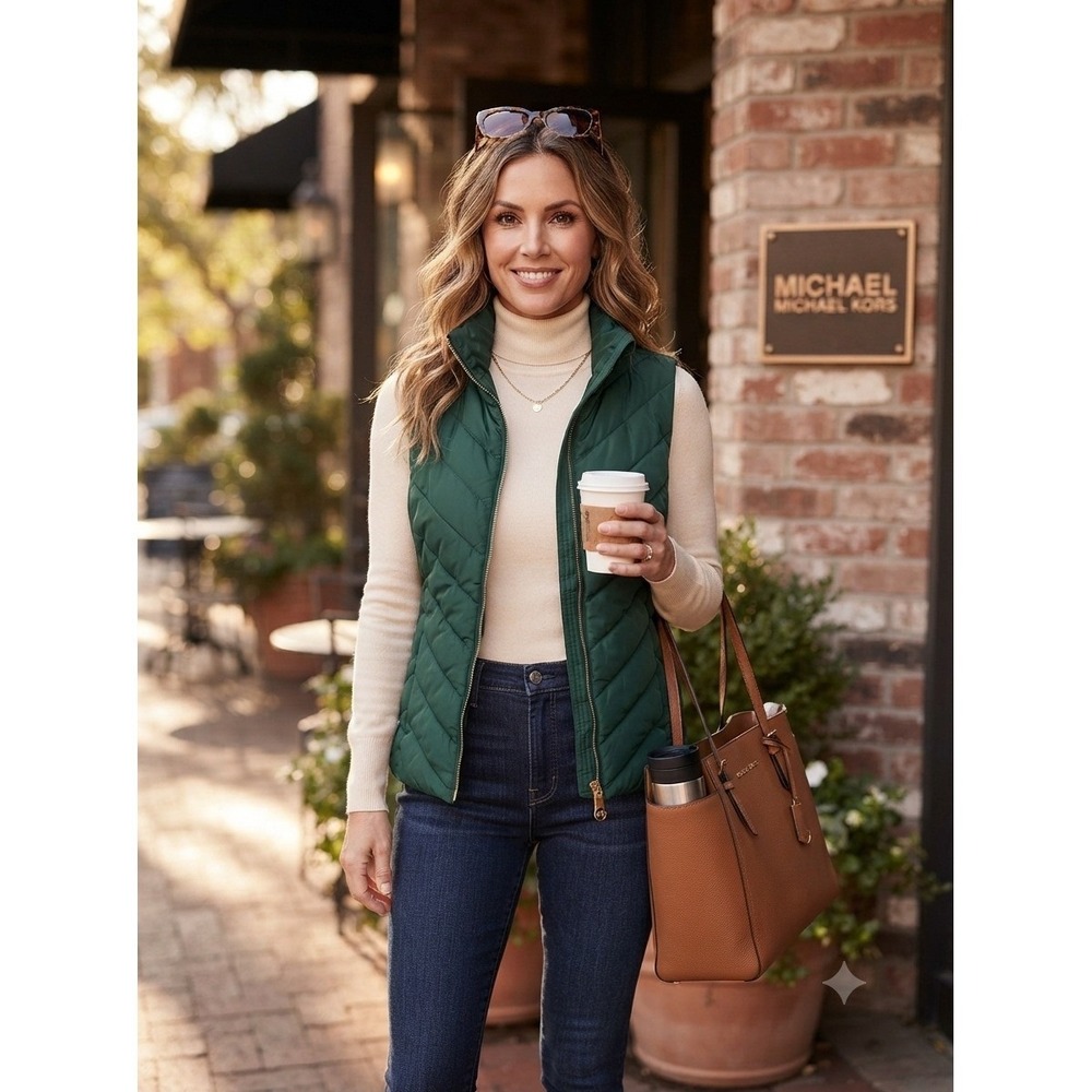 Michael Michael Kors Dark Emerald Green Quilted Puffer‎ Vest Gold Zip Small NEW